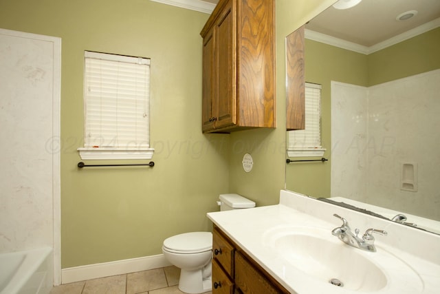 full bathroom with baseboards, ornamental molding, toilet, vanity, and tile patterned floors