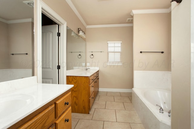 bathroom featuring crown molding, two vanities, a sink, a whirlpool tub, and tile patterned floors