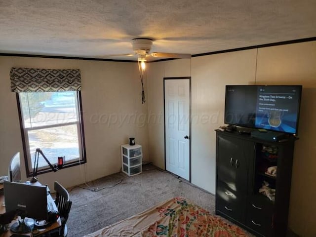 carpeted bedroom with ceiling fan and a textured ceiling