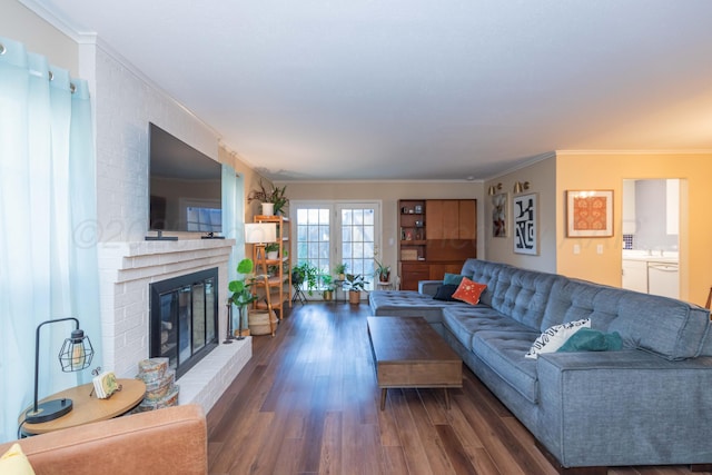 1506 S Alabama St, Amarillo, TX 79102 - living area featuring ornamental molding, a brick fireplace, and dark wood-type flooring