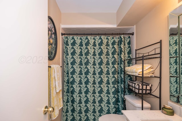 1506 S Alabama St, Amarillo, TX 79102 - bathroom with vanity, toilet, and curtained shower