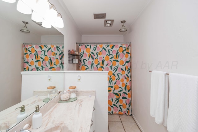 bathroom featuring curtained shower, vanity, ornamental molding, and tile patterned flooring