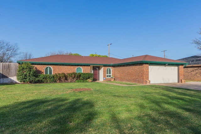 single story home with a garage, fence, a front lawn, and brick siding