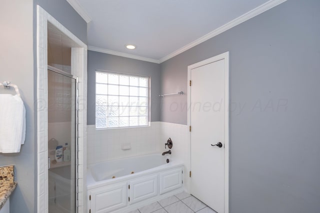 full bathroom with ornamental molding, a shower stall, tile patterned flooring, and a tub with jets