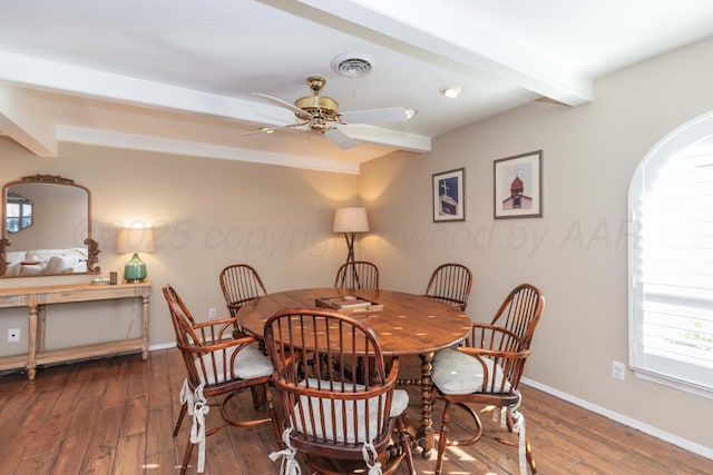 dining room with visible vents, a ceiling fan, beam ceiling, and hardwood / wood-style flooring