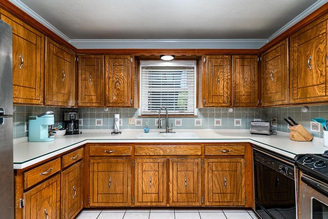 7503 Elmhurst Dr, Amarillo, TX 79121 - kitchen with dishwasher, light countertops, brown cabinets, and crown molding