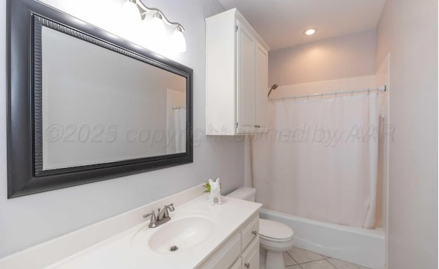 full bathroom with vanity, toilet, tile patterned floors, shower / bath combo with shower curtain, and recessed lighting