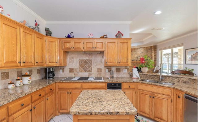 kitchen with a sink, dishwasher, crown molding, decorative backsplash, and light stone counters