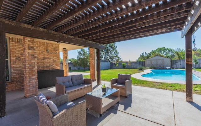 view of patio / terrace featuring a storage shed, an outbuilding, an outdoor living space, and a pergola