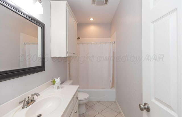 full bath featuring vanity, tile patterned floors, toilet, recessed lighting, and shower / bath combination with curtain