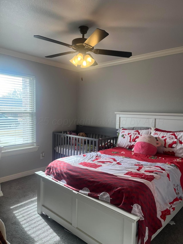 1712 NE 6th St, Dumas, TX 79020 - bedroom featuring ornamental molding, carpet flooring, and ceiling fan