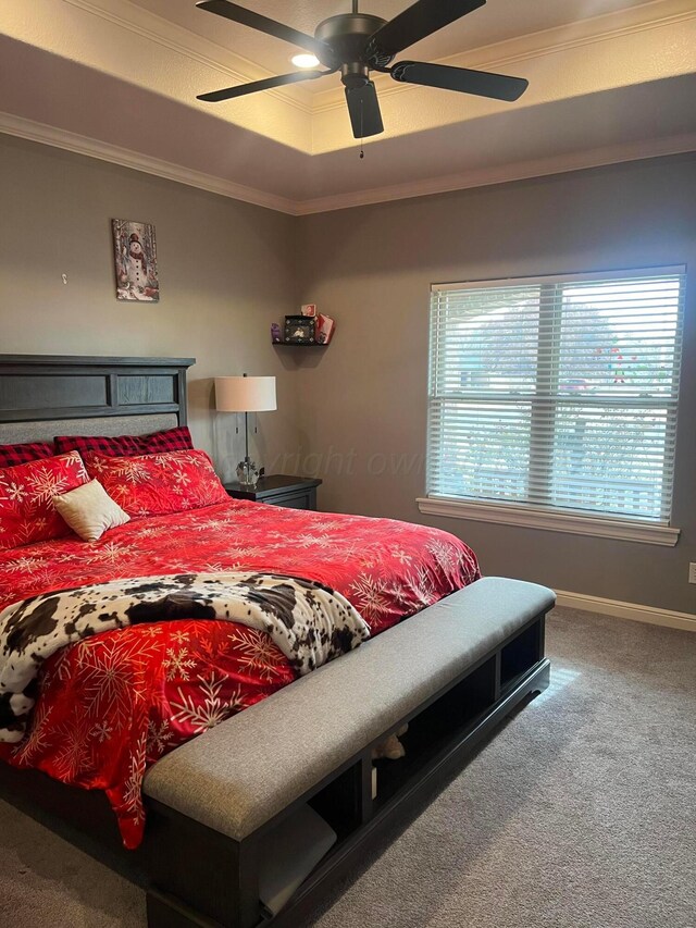 1712 NE 6th St, Dumas, TX 79020 - carpeted bedroom with crown molding and a ceiling fan