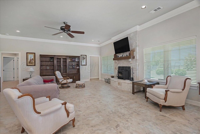 19550 Saddlehorn Rd, Amarillo, TX 79119 - living room featuring crown molding, a ceiling fan, baseboards, recessed lighting, and tile patterned floors