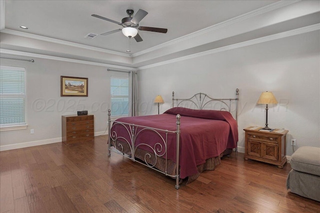 19550 Saddlehorn Rd, Amarillo, TX 79119 - bedroom with hardwood / wood-style flooring, a raised ceiling, baseboards, ornamental molding, and ceiling fan