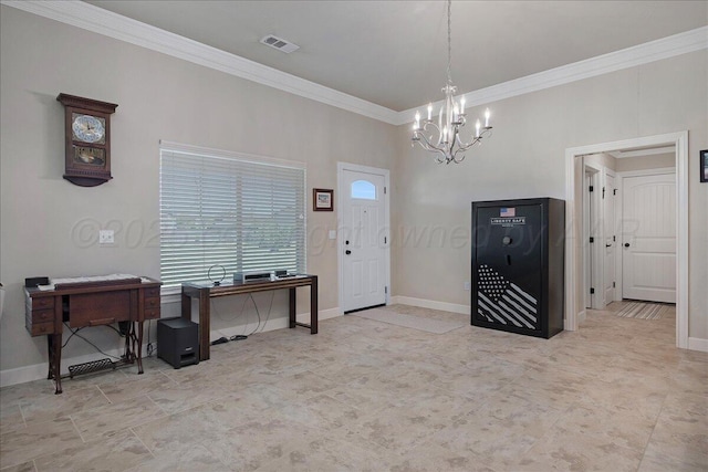 19550 Saddlehorn Rd, Amarillo, TX 79119 - entryway with a chandelier, crown molding, and baseboards