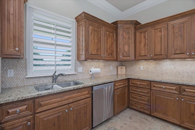 19550 Saddlehorn Rd, Amarillo, TX 79119 - kitchen with stainless steel dishwasher, a sink, backsplash, light stone counters, and crown molding