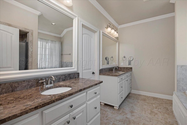 19550 Saddlehorn Rd, Amarillo, TX 79119 - full bathroom featuring crown molding and two vanities