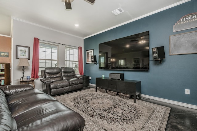 9913 Hartnett Ct, Amarillo, TX 79119 - living room featuring a ceiling fan, baseboards, and ornamental molding