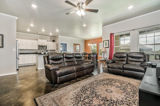 9913 Hartnett Ct, Amarillo, TX 79119 - living area with a ceiling fan, ornamental molding, concrete flooring, baseboards, and recessed lighting