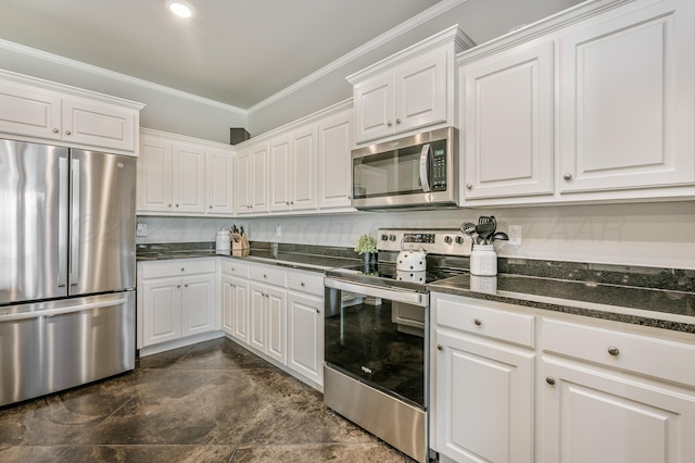 9913 Hartnett Ct, Amarillo, TX 79119 - kitchen with appliances with stainless steel finishes, ornamental molding, white cabinetry, and dark stone counters