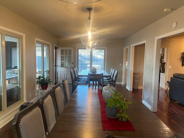 dining area featuring baseboards, wood finished floors, and a chandelier