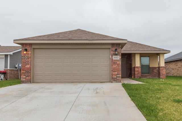 ranch-style home with brick siding, a garage, roof with shingles, and driveway
