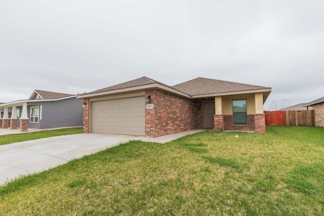 ranch-style house with driveway, brick siding, fence, a front lawn, and an attached garage