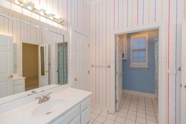 bathroom with vanity, tile patterned floors, and a shower with curtain