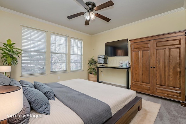 7715 Tarrytown Ave, Amarillo, TX 79121 - carpeted bedroom with crown molding and ceiling fan