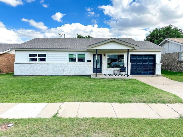 ranch-style house with a front yard, a porch, and a garage