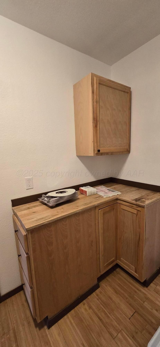 kitchen with dark hardwood / wood-style flooring and butcher block counters