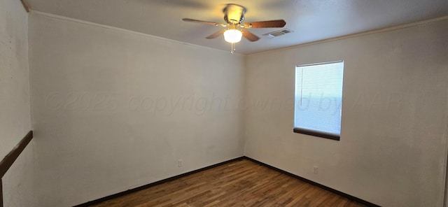 unfurnished room with wood-type flooring, ceiling fan, and ornamental molding