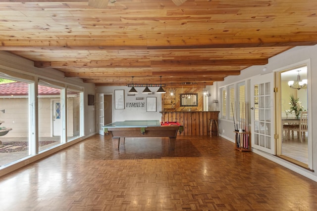 recreation room featuring wood ceiling, beam ceiling, pool table, and baseboards