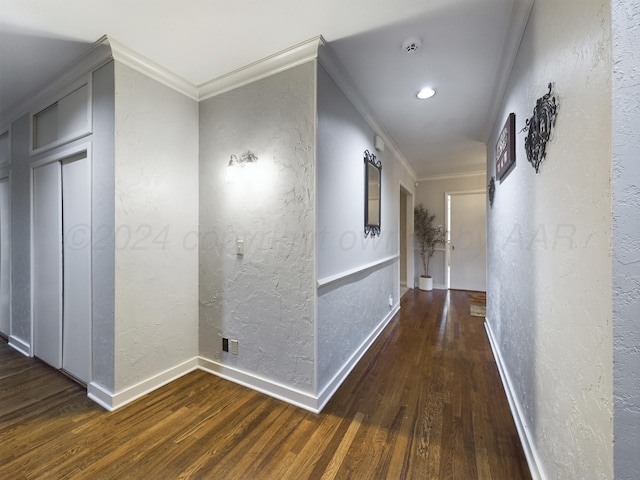 hall with baseboards, wood finished floors, ornamental molding, and a textured wall