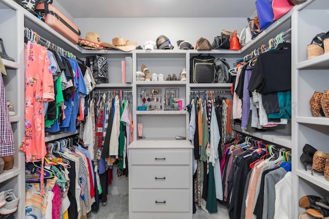 walk in closet featuring light carpet