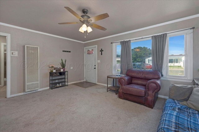 4317 Cline Rd, Amarillo, TX 79110 - living room with a heating unit, baseboards, carpet floors, a ceiling fan, and ornamental molding