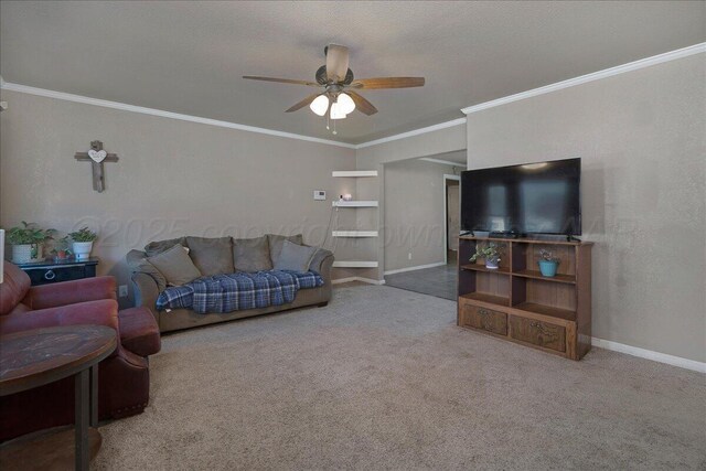 4317 Cline Rd, Amarillo, TX 79110 - living area featuring carpet, a ceiling fan, crown molding, and baseboards