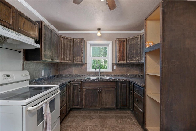 4317 Cline Rd, Amarillo, TX 79110 - kitchen featuring white electric range, a sink, dark countertops, under cabinet range hood, and crown molding