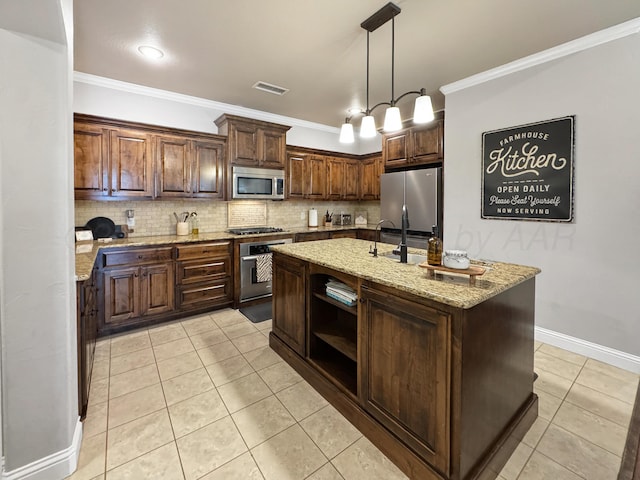 kitchen with ornamental molding, open shelves, tasteful backsplash, light tile patterned floors, and stainless steel appliances
