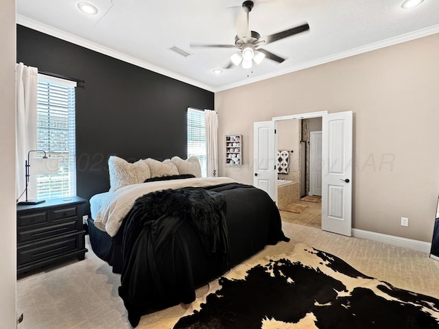 bedroom featuring visible vents, crown molding, baseboards, light carpet, and recessed lighting