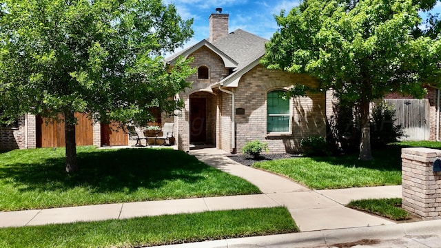 view of front of property featuring fence, a front yard, a chimney, brick siding, and a shingled roof