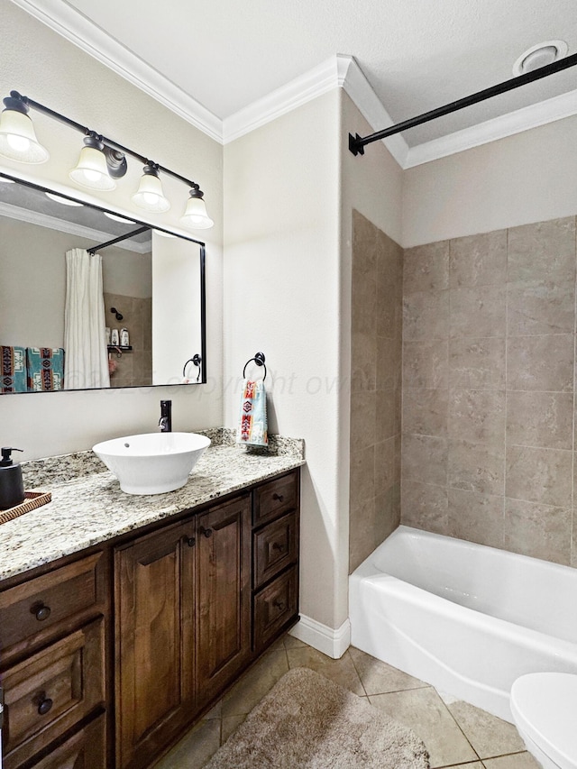 bathroom with vanity, toilet, tile patterned floors, shower / bath combination with curtain, and ornamental molding