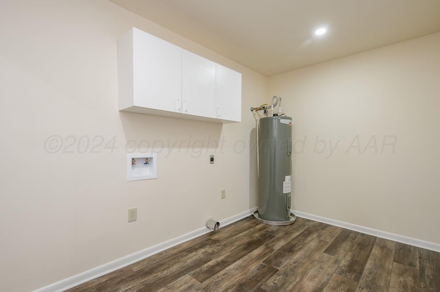 laundry area with electric dryer hookup, cabinets, electric water heater, hookup for a washing machine, and dark hardwood / wood-style floors