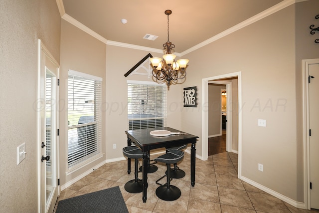 18150 19th St, Amarillo, TX 79124 - dining room featuring a chandelier, ornamental molding, light tile patterned flooring, and baseboards