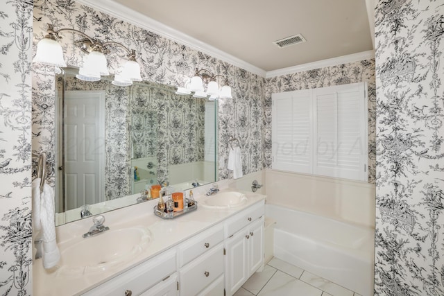 5809 Foxcroft Dr, Amarillo, TX 79109 - bathroom with wallpapered walls, a garden tub, ornamental molding, tile patterned floors, and double vanity