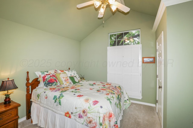 5809 Foxcroft Dr, Amarillo, TX 79109 - bedroom featuring carpet floors, baseboards, vaulted ceiling, and a ceiling fan