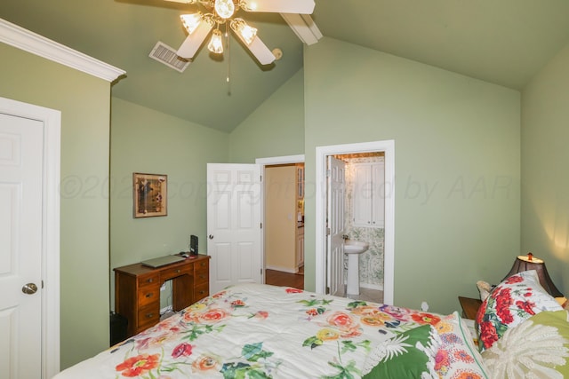 5809 Foxcroft Dr, Amarillo, TX 79109 - bedroom featuring high vaulted ceiling, connected bathroom, a ceiling fan, and beam ceiling