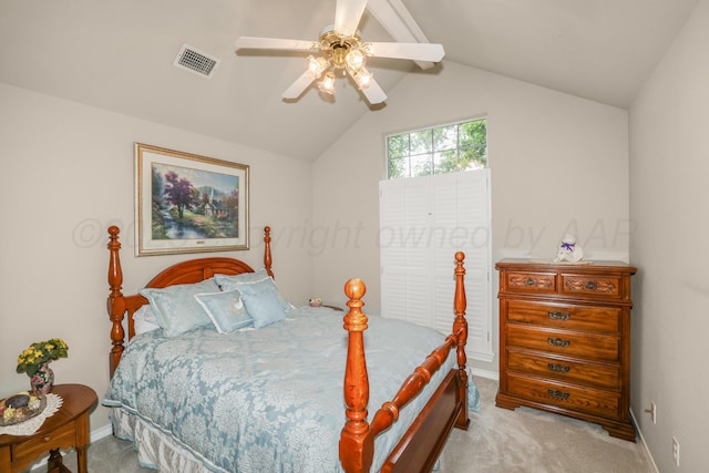 5809 Foxcroft Dr, Amarillo, TX 79109 - bedroom with light carpet, baseboards, vaulted ceiling, and a ceiling fan