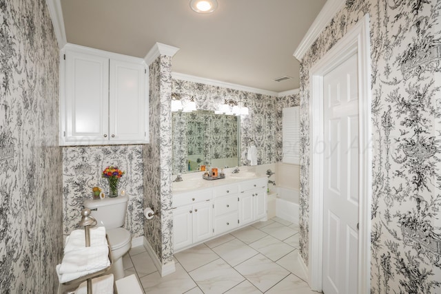 5809 Foxcroft Dr, Amarillo, TX 79109 - full bathroom with wallpapered walls, toilet, ornamental molding, and double vanity