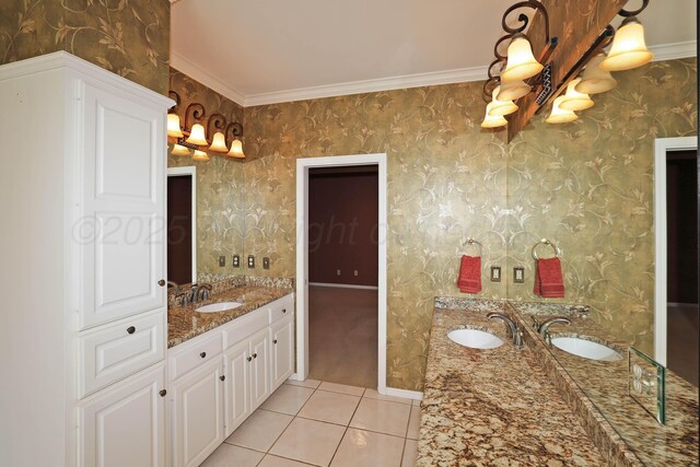 18 Didrickson Ln, Amarillo, TX 79124 - bathroom featuring double vanity, tile patterned floors, and ornamental molding